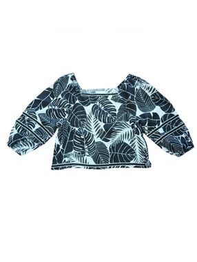 Cynthia Rowley 100% Linen Black And White Leaf Pattern Crop Top Blouse